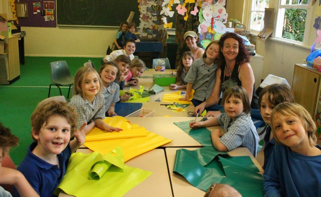The first flag and bunting workshop at the Uki Kids club OOSH with facilitator Katrina Gudgeon.